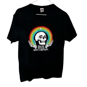 Unisex skull rainbow star“ social Media was a mistake “ graphic black  T shirt